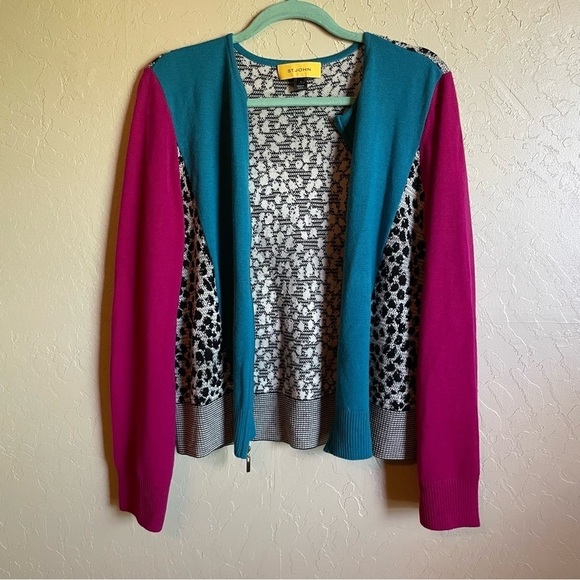 St. John Colorblock Leopard Zip Up Wool Blend Sweater Large Long Sleeve - Picture 2 of 6